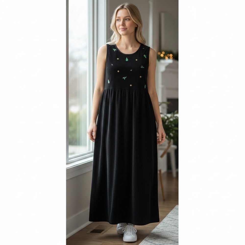 Vintage Erika Studio Dress Womens Medium Black Velour Embroidered Christmas Maxi